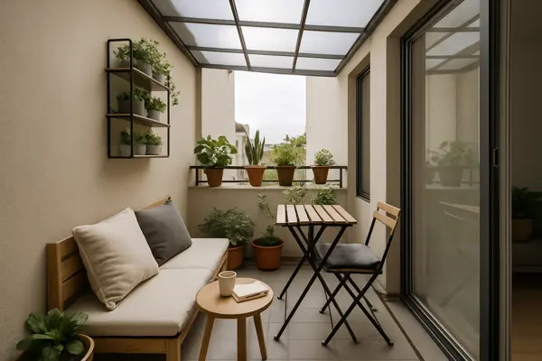 Design econômico como valorizar uma varanda compacta com policarbonato translúcido.