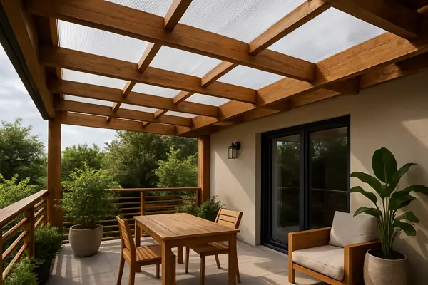 Telha translúcida de policarbonato combinada com madeira guia de harmonização.