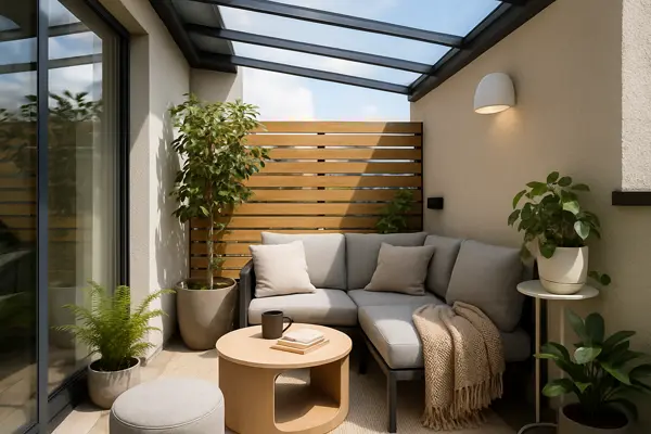Tendências de design 2025 para varandas pequenas com cobertura translúcida.