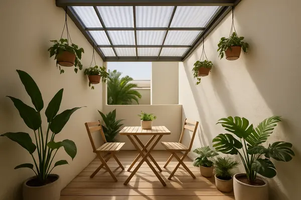 Varandas pequenas iluminadas com telha translúcida ideias de design moderno.